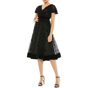 Mac Duggal Black Floral Appliqué V-Neck Short Sleeve Cocktail Midi Dress Size 10